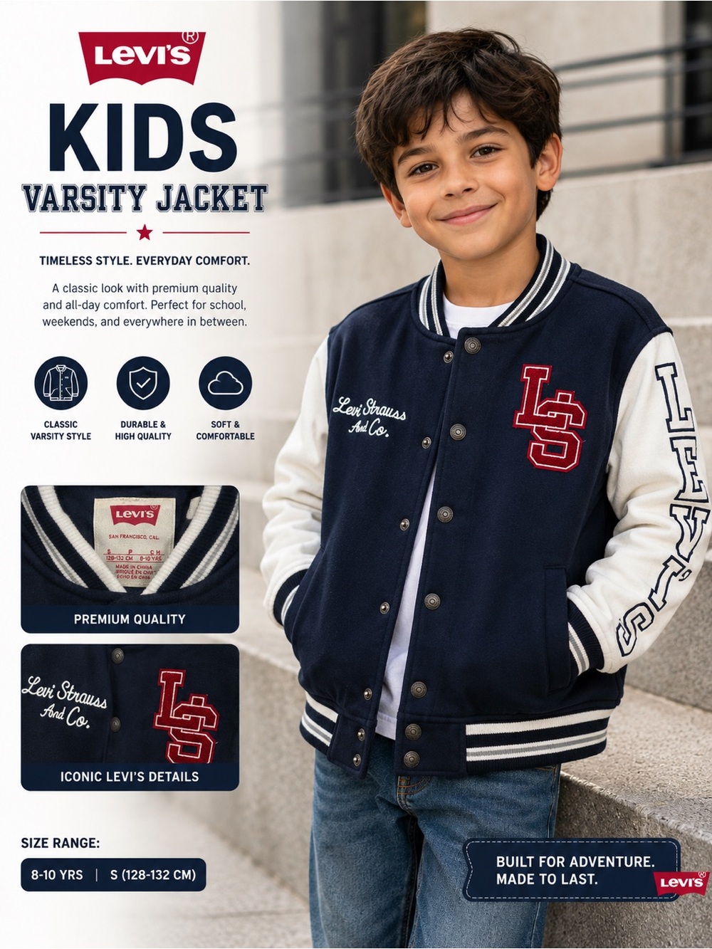 Levi's Navy & White Kids Letterman Jacket boys size Small